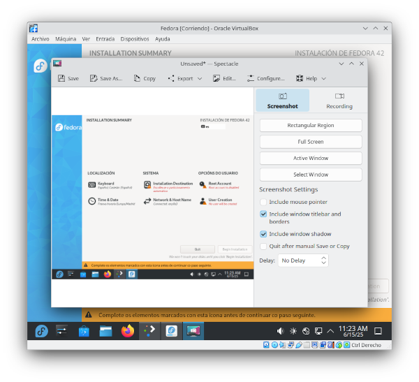 Pantalla de configuración da instalación, para escoller teclado, data e hora, disco ou crear usuarios